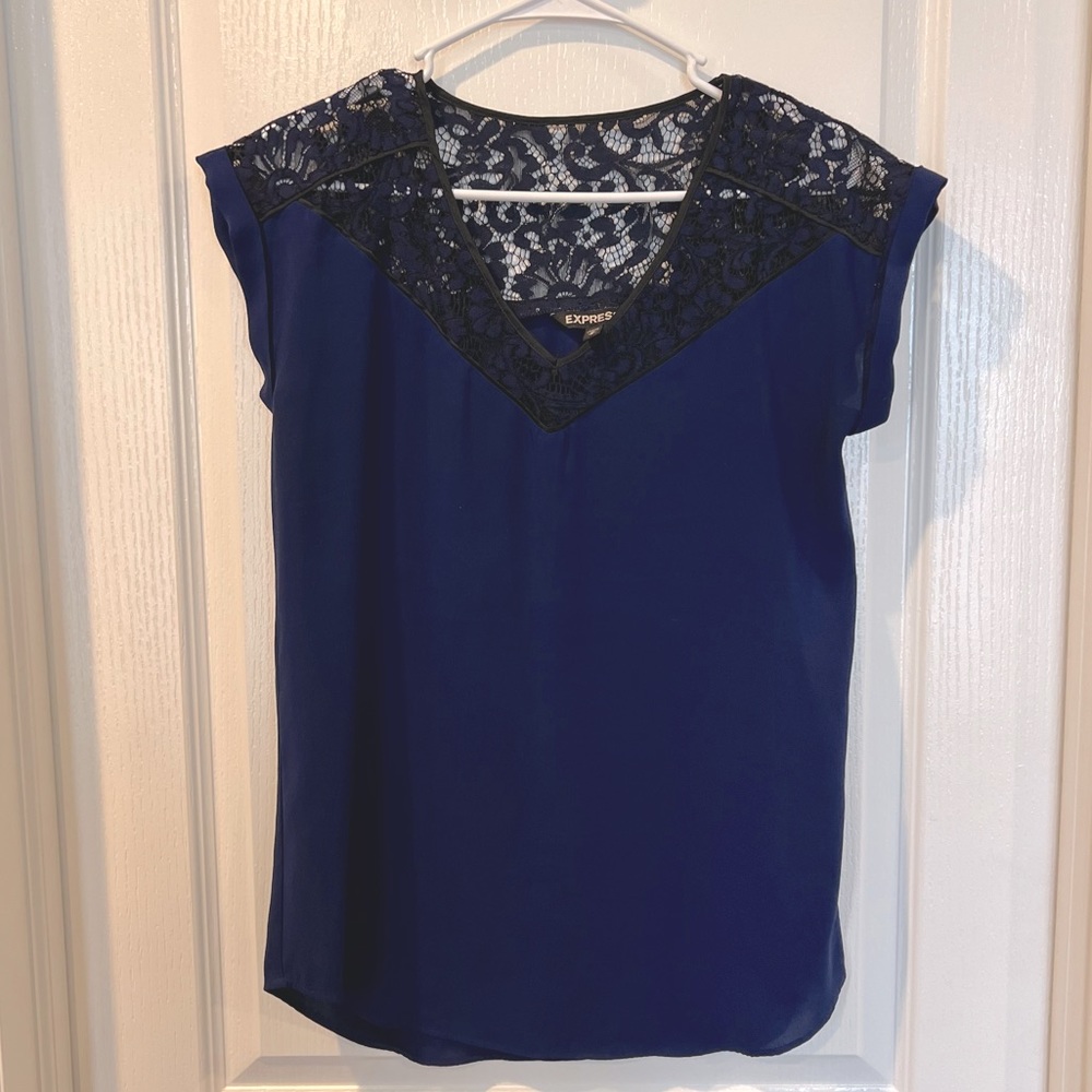 Express Roll Sleeve Blouse with Lace Detail